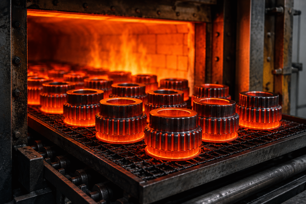 CNC machining heat treatment of precision metal parts in industrial furnace
